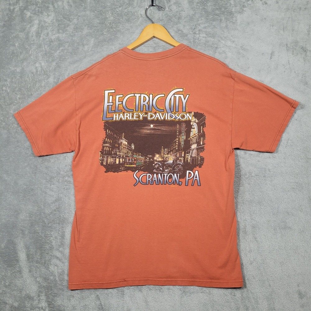 Harley-Davidson T-Shirt Mens L Orange Electric City Scranton PA Pocket 2005 Tee